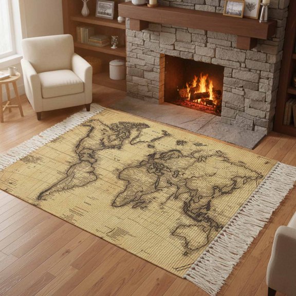 Kitchen Runner Rugs, Retro Yellow World Map North America Asia 4'x6' Throw Rug with Tassels, Pacific Plate Washable Soft Floor Carpet Runner for Hallway Bedroom Bathroom Laundry Room