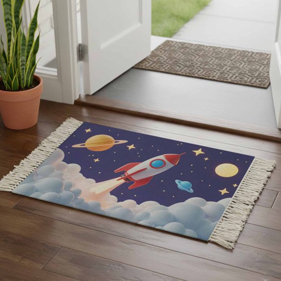 Kitchen Runner Rugs, Rocket Space Universe Planet 2'x3' Throw Rug with Tassels, Night Star Cartoon Style Washable Soft Floor Carpet Runner for Hallway Bedroom Bathroom Laundry Room