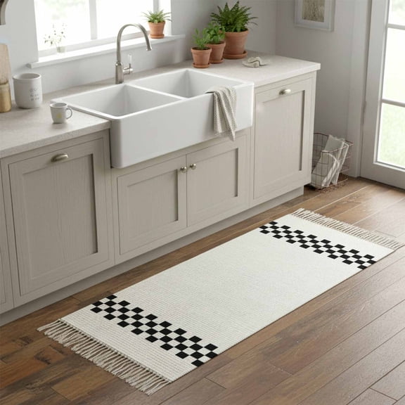 Kitchen Runner Rugs, Rural Black and White Buffalo Lattice Checked 2'x6' Throw Rug with Tassels, Gingham Washable Soft Floor Carpet Runner for Hallway Bedroom Bathroom Laundry Room
