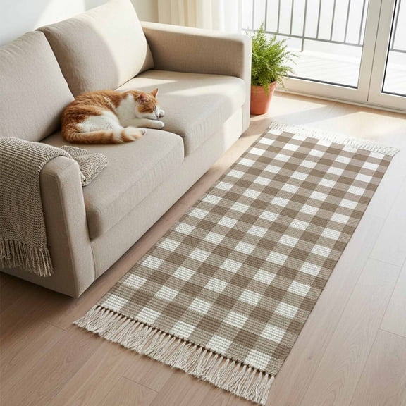 Kitchen Runner Rugs, Rural Country Beige White Buffalo Tartan Plaid 2'x5' Throw Rug with Tassels, Minimalist Checkered Washable Soft Floor Carpet Runner for Hallway Bedroom Bathroom Laundry Room