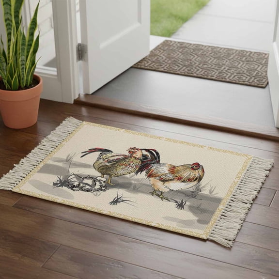 Kitchen Runner Rugs, Rural Ink Art Farm Chicken Animals 2'x3' Throw Rug with Tassels, Golden Flowers Texture Border Washable Soft Floor Carpet Runner for Hallway Bedroom Bathroom Laundry Room