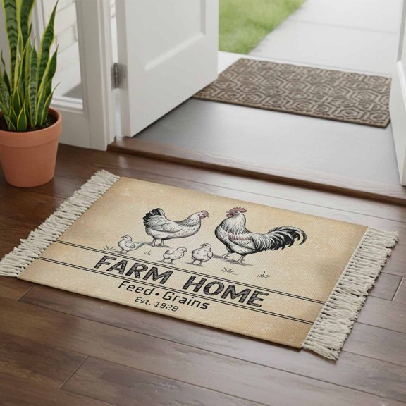 Kitchen Runner Rugs, Rustic Animal Chicken Home Quote 2'x3' Throw Rug with Tassels, Farm Retro Brown Ombre Washable Soft Floor Carpet Runner for Hallway Bedroom Bathroom Laundry Room