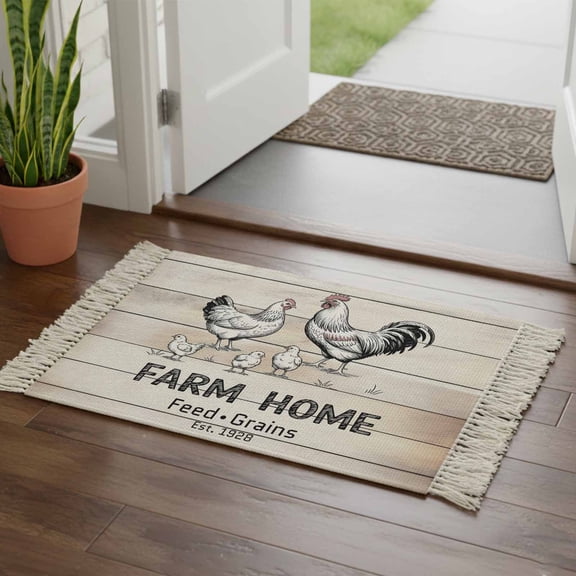 Kitchen Runner Rugs, Rustic Chicken Animal Farm Quote 2'x3' Throw Rug with Tassels, Retro Wooden Plank Washable Soft Floor Carpet Runner for Hallway Bedroom Bathroom Laundry Room