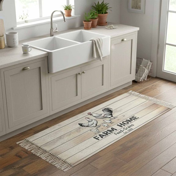 Kitchen Runner Rugs, Rustic Chicken Animal Farm Quote 2'x6' Throw Rug with Tassels, Retro Wooden Plank Washable Soft Floor Carpet Runner for Hallway Bedroom Bathroom Laundry Room