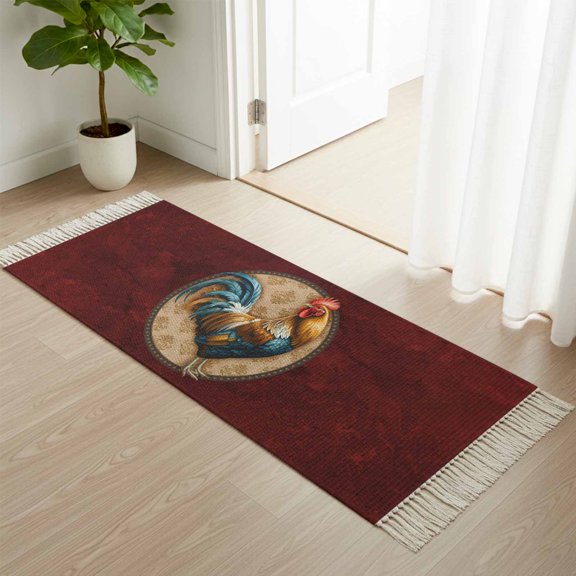 Kitchen Runner Rugs, Rustic Farm Rooster on Retro Texture 2'x4' Throw Rug with Tassels, Red Marble Agate Washable Soft Floor Carpet Runner for Hallway Bedroom Bathroom Laundry Room