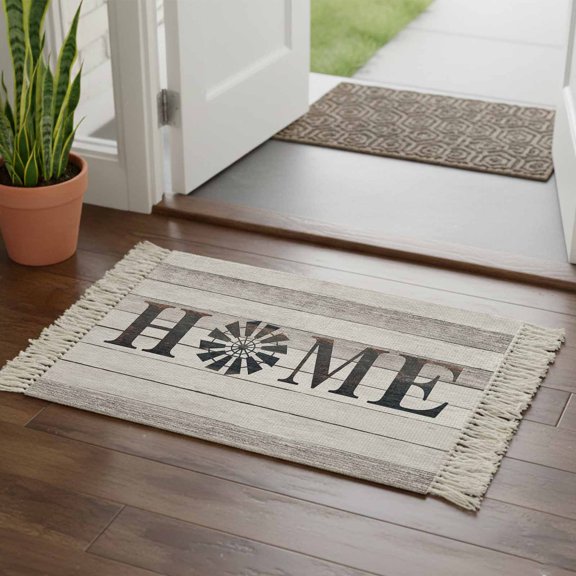 Kitchen Runner Rugs, Rustic Farm Windmill HOME Quotes 2'x3' Throw Rug with Tassels, Chic Wooden Plank Washable Soft Floor Carpet Runner for Hallway Bedroom Bathroom Laundry Room