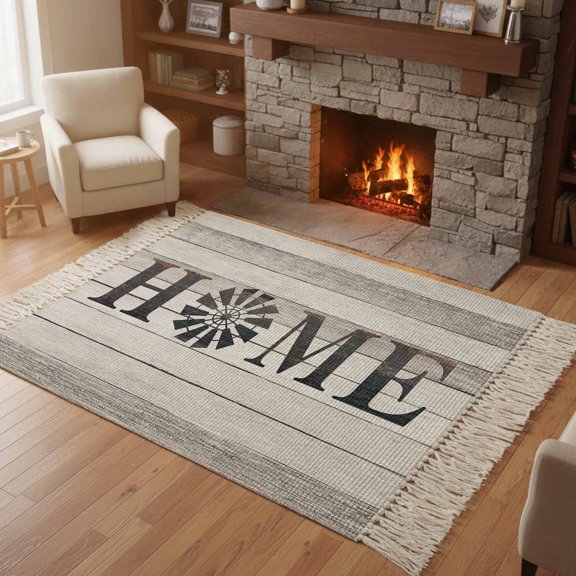 Kitchen Runner Rugs, Rustic Farm Windmill HOME Quotes 4'x6' Throw Rug with Tassels, Chic Wooden Plank Washable Soft Floor Carpet Runner for Hallway Bedroom Bathroom Laundry Room