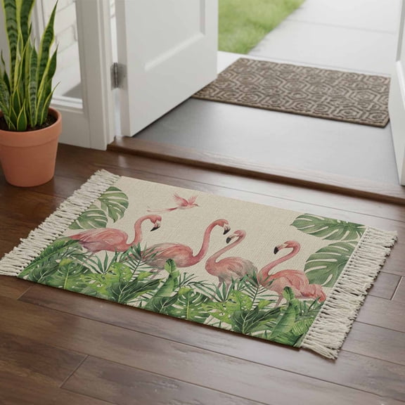 Kitchen Runner Rugs, Rustic Flamingo Bird Monstera 2'x3' Throw Rug with Tassels, Watercolor Animal Plant on Linen Washable Soft Floor Carpet Runner for Hallway Bedroom Bathroom Laundry Room