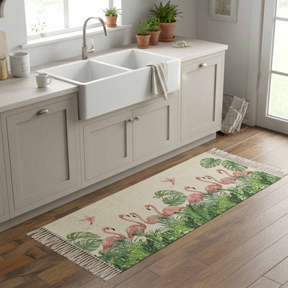 Kitchen Runner Rugs, Rustic Flamingo Bird Monstera 2'x6' Throw Rug with Tassels, Watercolor Animal Plant on Linen Washable Soft Floor Carpet Runner for Hallway Bedroom Bathroom Laundry Room