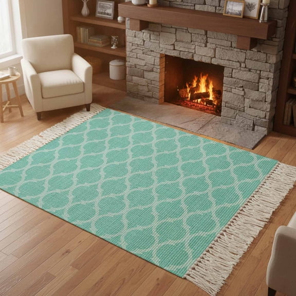 Kitchen Runner Rugs, Rustic Teal Retro Linen 4'x6' Throw Rug with Tassels, Moroccan Texture Ethnic Style Washable Soft Floor Carpet Runner for Hallway Bedroom Bathroom Laundry Room