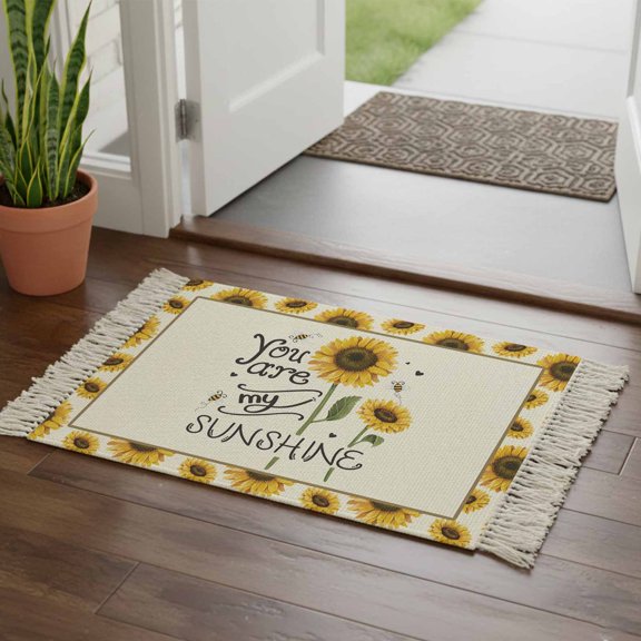Kitchen Runner Rugs, SUNSHINE Sunflower Quotes 2'x3' Throw Rug with Tassels, Retro Yellow Floral Washable Soft Floor Carpet Runner for Hallway Bedroom Bathroom Laundry Room
