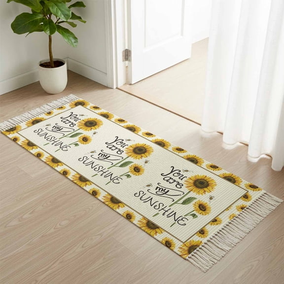 Kitchen Runner Rugs, SUNSHINE Sunflower Quotes 2'x4' Throw Rug with Tassels, Retro Yellow Floral Washable Soft Floor Carpet Runner for Hallway Bedroom Bathroom Laundry Room