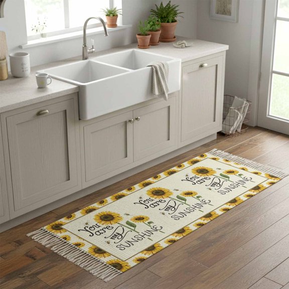 Kitchen Runner Rugs, SUNSHINE Sunflower Quotes 2'x6' Throw Rug with Tassels, Retro Yellow Floral Washable Soft Floor Carpet Runner for Hallway Bedroom Bathroom Laundry Room