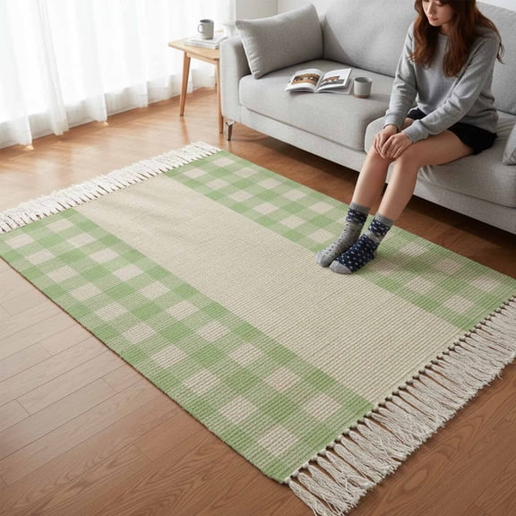 Kitchen Runner Rugs, Sage Green Buffalo Plaid 3'x5' Throw Rug with Tassels, Geometric Check Linen Texture Washable Soft Floor Carpet Runner for Hallway Bedroom Bathroom Laundry Room