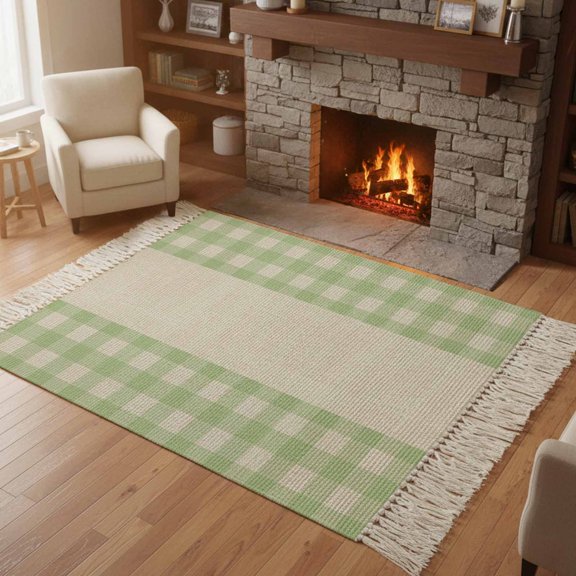 Kitchen Runner Rugs, Sage Green Buffalo Plaid 4'x6' Throw Rug with Tassels, Geometric Check Linen Texture Washable Soft Floor Carpet Runner for Hallway Bedroom Bathroom Laundry Room