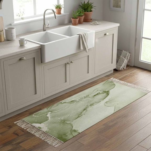 Kitchen Runner Rugs, Sage Green Marble Fluid Art 2'x6' Throw Rug with Tassels, Water Wave Ripple Washable Soft Floor Carpet Runner for Hallway Bedroom Bathroom Laundry Room