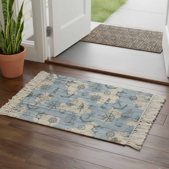 Kitchen Runner Rugs, Sailing Compass Anchor Lighthouse 2'x3' Throw Rug with Tassels, Map Fish on Wood Board Washable Soft Floor Carpet Runner for Hallway Bedroom Bathroom Laundry Room
