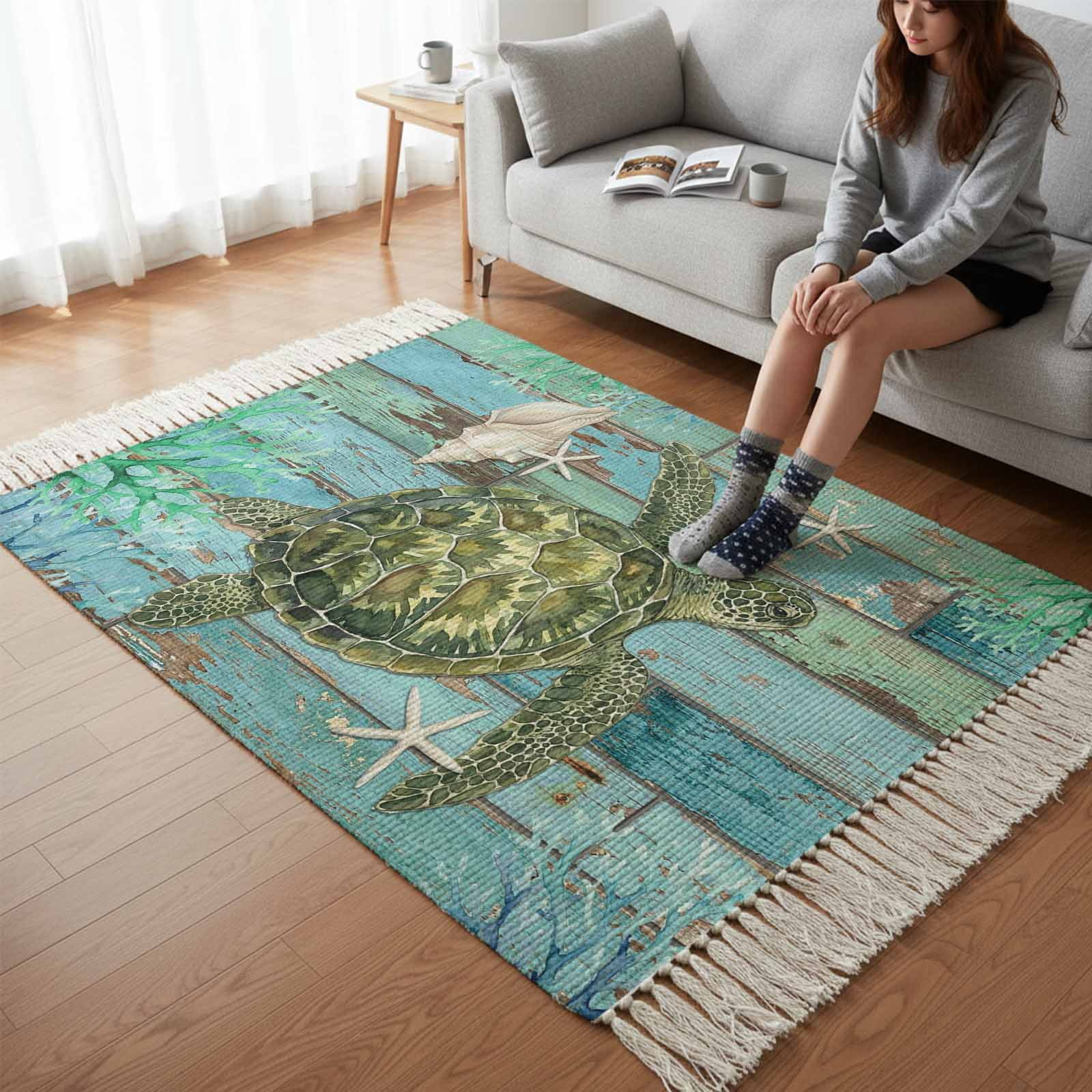 Kitchen Runner Rugs, Sea Turtle Starfish Conch Coral 3'x5' Throw Rug ...