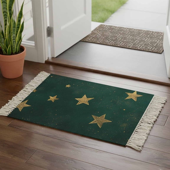 Kitchen Runner Rugs, Seamless Gold Star on Hunter Green 2'x3' Throw Rug with Tassels, Dream Starry Sky Washable Soft Floor Carpet Runner for Hallway Bedroom Bathroom Laundry Room