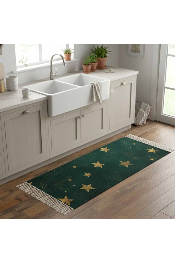 Kitchen Runner Rugs, Seamless Gold Star on Hunter Green 2'x6' Throw Rug with Tassels, Dream Starry Sky Washable Soft Floor Carpet Runner for Hallway Bedroom Bathroom Laundry Room
