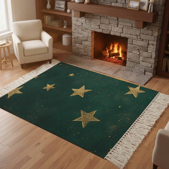 Kitchen Runner Rugs, Seamless Gold Star on Hunter Green 4'x6' Throw Rug with Tassels, Dream Starry Sky Washable Soft Floor Carpet Runner for Hallway Bedroom Bathroom Laundry Room