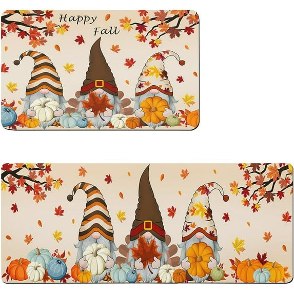 Kitchen Runner Rugs Set of 2, Thanksgiving Gnome Maple Leaves Pumpkin Rubber Non-Slip Area Collection Rug High Traffic Areas for Hallway,Bathroom, Front Door, Laundry Room Rug Mat 18"x30"+18"x48"