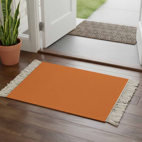 Kitchen Runner Rugs, Solid Art Minimalist Pure Orange 2'x3' Throw Rug with Tassels, Plain Single Bright Color Washable Soft Floor Carpet Runner for Hallway Bedroom Bathroom Laundry Room