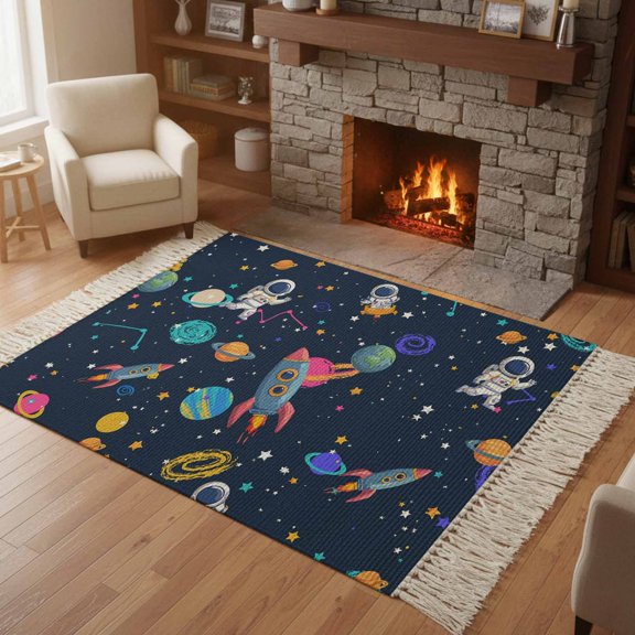 Kitchen Runner Rugs, Space Planet Cartoon Rocket 4'x6' Throw Rug with Tassels, Stars and Moon on Black Washable Soft Floor Carpet Runner for Hallway Bedroom Bathroom Laundry Room