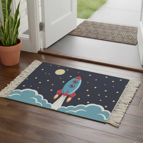 Kitchen Runner Rugs, Space Rocket Moon Star 2'x3' Throw Rug with Tassels, Cartoon Style Washable Soft Floor Carpet Runner for Hallway Bedroom Bathroom Laundry Room