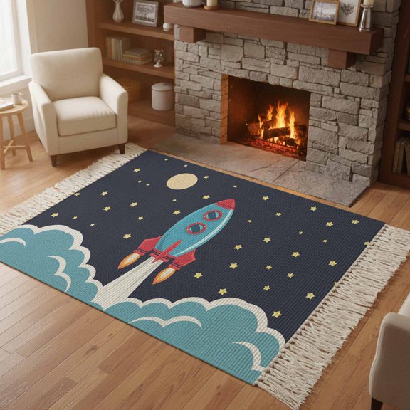 Kitchen Runner Rugs, Space Rocket Moon Star 4'x6' Throw Rug with Tassels, Cartoon Style Washable Soft Floor Carpet Runner for Hallway Bedroom Bathroom Laundry Room