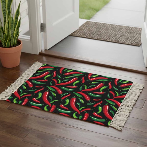 Kitchen Runner Rugs, Spicy Chili Pepper Pattern 2'x3' Throw Rug with Tassels, Red Green Peppers on Black Washable Soft Floor Carpet Runner for Hallway Bedroom Bathroom Laundry Room