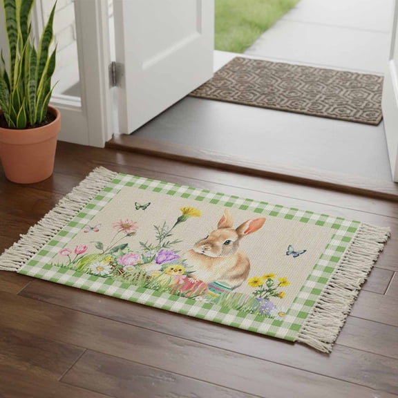 Kitchen Runner Rugs, Spring Easter Rabbit Eggs Aand Flowers 2'x3' Throw Rug with Tassels, Farm Retro Burlap and Lattice Washable Soft Floor Carpet Runner for Hallway Bedroom Bathroom Laundry Room