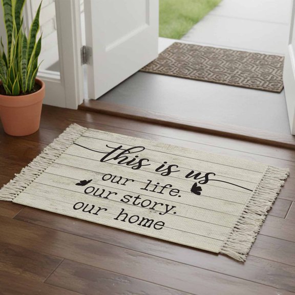 Kitchen Runner Rugs, Spring Farm Animals with Quotes 2'x3' Throw Rug with Tassels, Chic Wooden Board Washable Soft Floor Carpet Runner for Hallway Bedroom Bathroom Laundry Room
