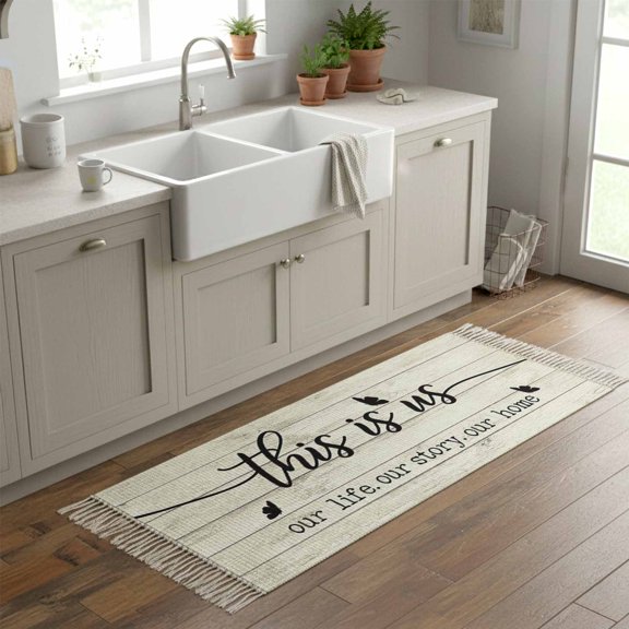 Kitchen Runner Rugs, Spring Farm Animals with Quotes 2'x6' Throw Rug with Tassels, Chic Wooden Board Washable Soft Floor Carpet Runner for Hallway Bedroom Bathroom Laundry Room