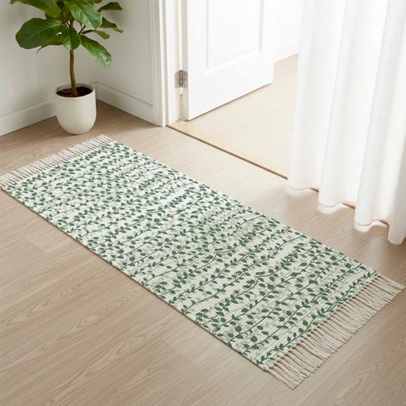 Kitchen Runner Rugs, Spring Plants Ivy 2'x4' Throw Rug with Tassels, Abstract Country Leaves Washable Soft Floor Carpet Runner for Hallway Bedroom Bathroom Laundry Room