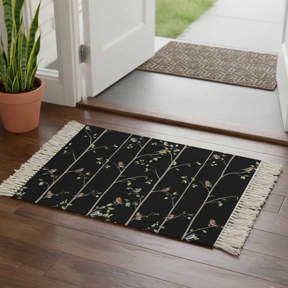 Kitchen Runner Rugs, Spring Sparrows on Branches 2'x3' Throw Rug with Tassels, Abstract Country Bird Washable Soft Floor Carpet Runner for Hallway Bedroom Bathroom Laundry Room
