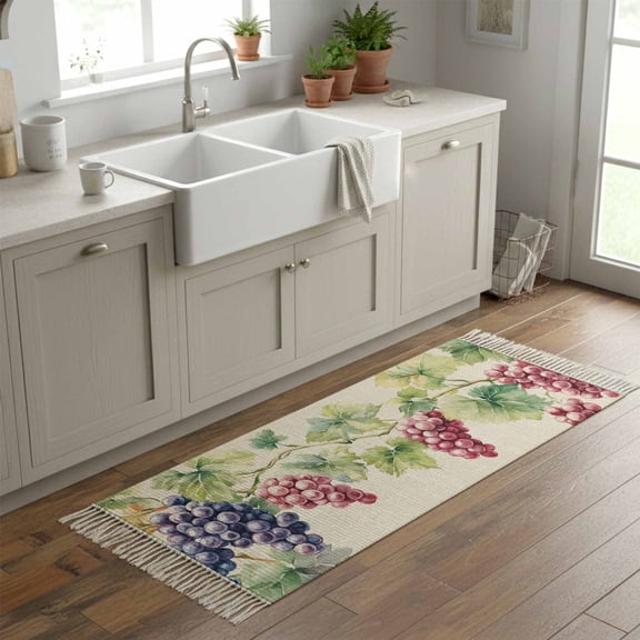 Kitchen Runner Rugs, Spring Watercolor Grape Leaves 2'x6' Throw Rug with Tassels, Country Vine Retro Linen Washable Soft Floor Carpet Runner for Hallway Bedroom Bathroom Laundry Room