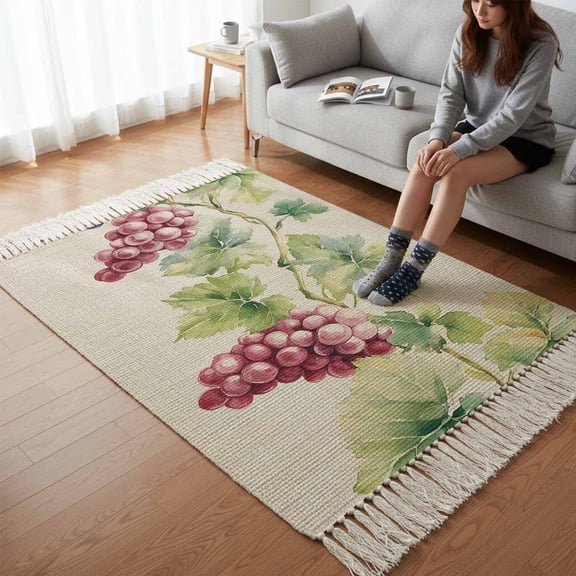 Kitchen Runner Rugs, Spring Watercolor Grape Leaves 3'x5' Throw Rug with Tassels, Country Vine Retro Linen Washable Soft Floor Carpet Runner for Hallway Bedroom Bathroom Laundry Room
