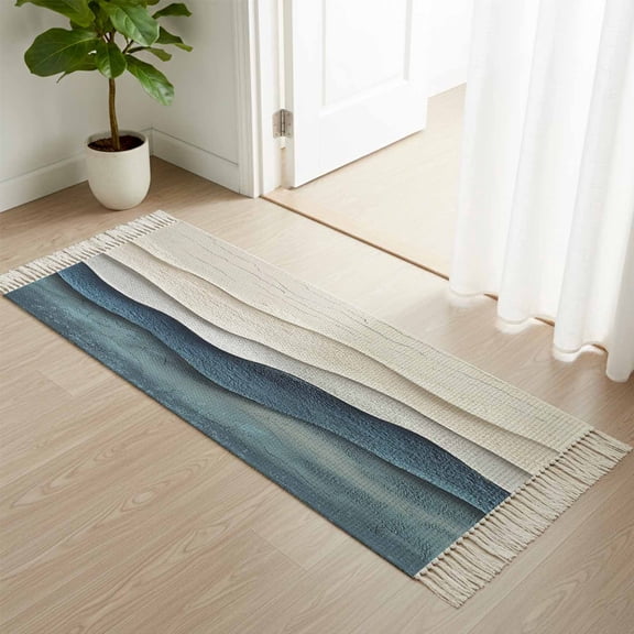 Kitchen Runner Rugs, Summer Beach Abstract Blue Wave 2'x4' Throw Rug with Tassels, Seaside Gradient Water Ripple Washable Soft Floor Carpet Runner for Hallway Bedroom Bathroom Laundry Room