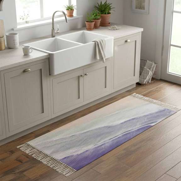 Kitchen Runner Rugs, Summer Beach Sand Waves Purple Gradient 2'x6' Throw Rug with Tassels, Water Ripple Washable Soft Floor Carpet Runner for Hallway Bedroom Bathroom Laundry Room