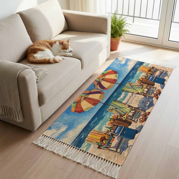 Kitchen Runner Rugs, Summer Beach Vacation Camping 2'x5' Throw Rug with Tassels, Chair Sun Umbrella Fruit Ocean Washable Soft Floor Carpet Runner for Hallway Bedroom Bathroom Laundry Room