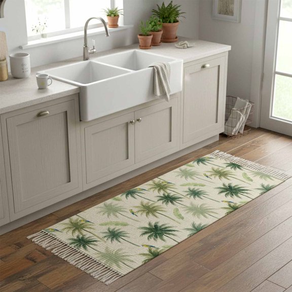 Kitchen Runner Rugs, Summer Coastal Green Palm Tree Birds 2'x6' Throw Rug with Tassels, Vintage Linen Washable Soft Floor Carpet Runner for Hallway Bedroom Bathroom Laundry Room