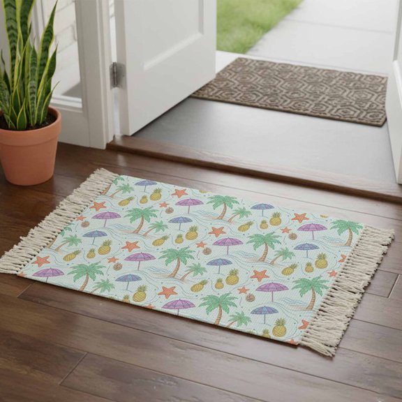 Kitchen Runner Rugs, Summer Coconut Tree Pineapple 2'x3' Throw Rug with Tassels, Coastal Starfish Beach Theme Washable Soft Floor Carpet Runner for Hallway Bedroom Bathroom Laundry Room