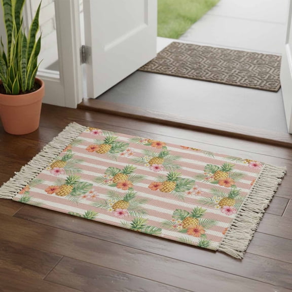 Kitchen Runner Rugs, Summer Fruit Pineapple 2'x3' Throw Rug with Tassels, Pink White Striped Background Washable Soft Floor Carpet Runner for Hallway Bedroom Bathroom Laundry Room