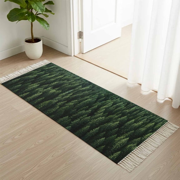 Kitchen Runner Rugs, Summer Green Tree Natural Forest 2'x4' Throw Rug with Tassels, Seamless Botanical Pine Trees Washable Soft Floor Carpet Runner for Hallway Bedroom Bathroom Laundry Room