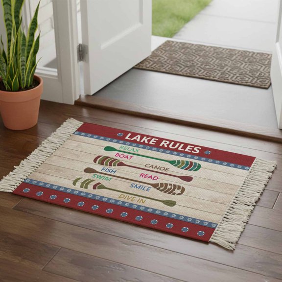 Kitchen Runner Rugs, Summer Lake Rules Paddle 2'x3' Throw Rug with Tassels, Farm Wood Grain Red Maroon Washable Soft Floor Carpet Runner for Hallway Bedroom Bathroom Laundry Room