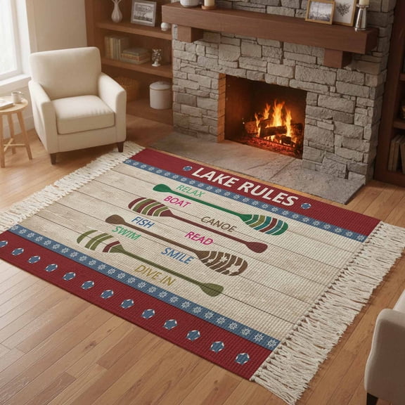 Kitchen Runner Rugs, Summer Lake Rules Paddle 4'x6' Throw Rug with Tassels, Farm Wood Grain Red Maroon Washable Soft Floor Carpet Runner for Hallway Bedroom Bathroom Laundry Room
