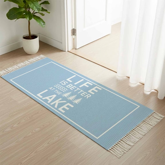 Kitchen Runner Rugs, Summer Life Lake Quote 2'x4' Throw Rug with Tassels, White Stripe Blue Back Washable Soft Floor Carpet Runner for Hallway Bedroom Bathroom Laundry Room