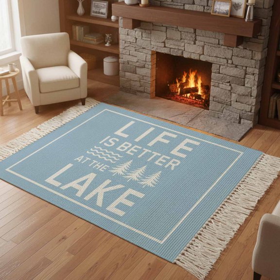 Kitchen Runner Rugs, Summer Life Lake Quote 4'x6' Throw Rug with Tassels, White Stripe Blue Back Washable Soft Floor Carpet Runner for Hallway Bedroom Bathroom Laundry Room