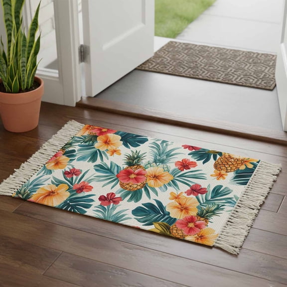 Kitchen Runner Rugs, Summer Pineapple Flower 2'x3' Throw Rug with Tassels, Tropical Palm Leaves Washable Soft Floor Carpet Runner for Hallway Bedroom Bathroom Laundry Room